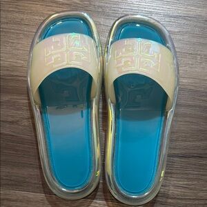 TORY BURCH Iridescent Cream and Aqua Slides